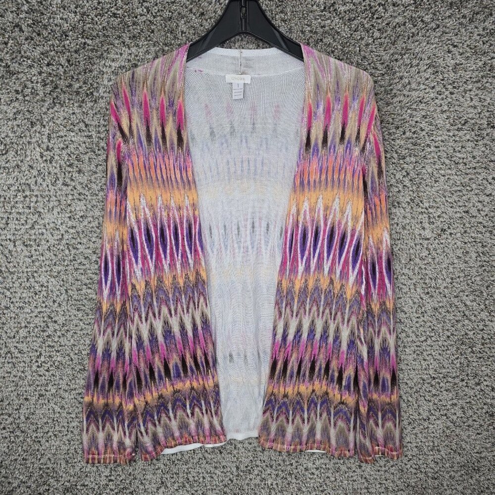 Chicos Cardigan Womens 1 US Medium Pink Knit Open Front Rayon Casual Ladies